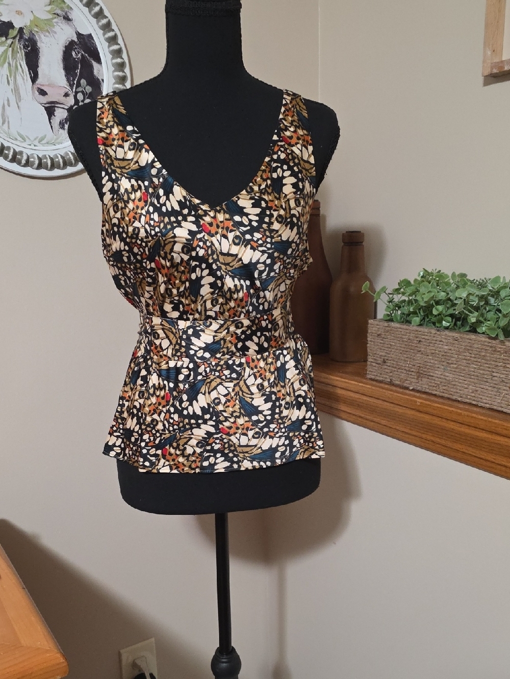 Wildfang Multicolor Printed Peplum Camisole - Black, Cream, Brown, Gold Accents